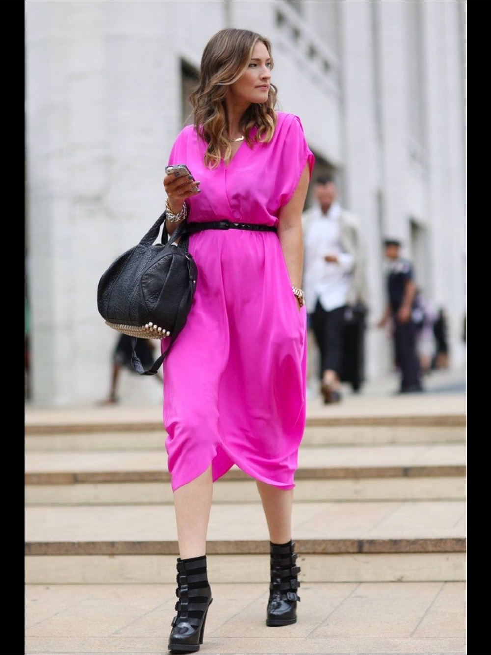 Myne Ashley Ann SILK Vibrant Pink Vneck Heidi Midi Dress. Size 4